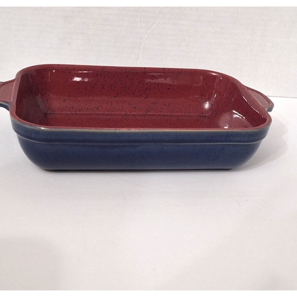 Denby Harlequin Blue Red Rectangular Handled Baker Baking Lasagna Dish 13"x 8"